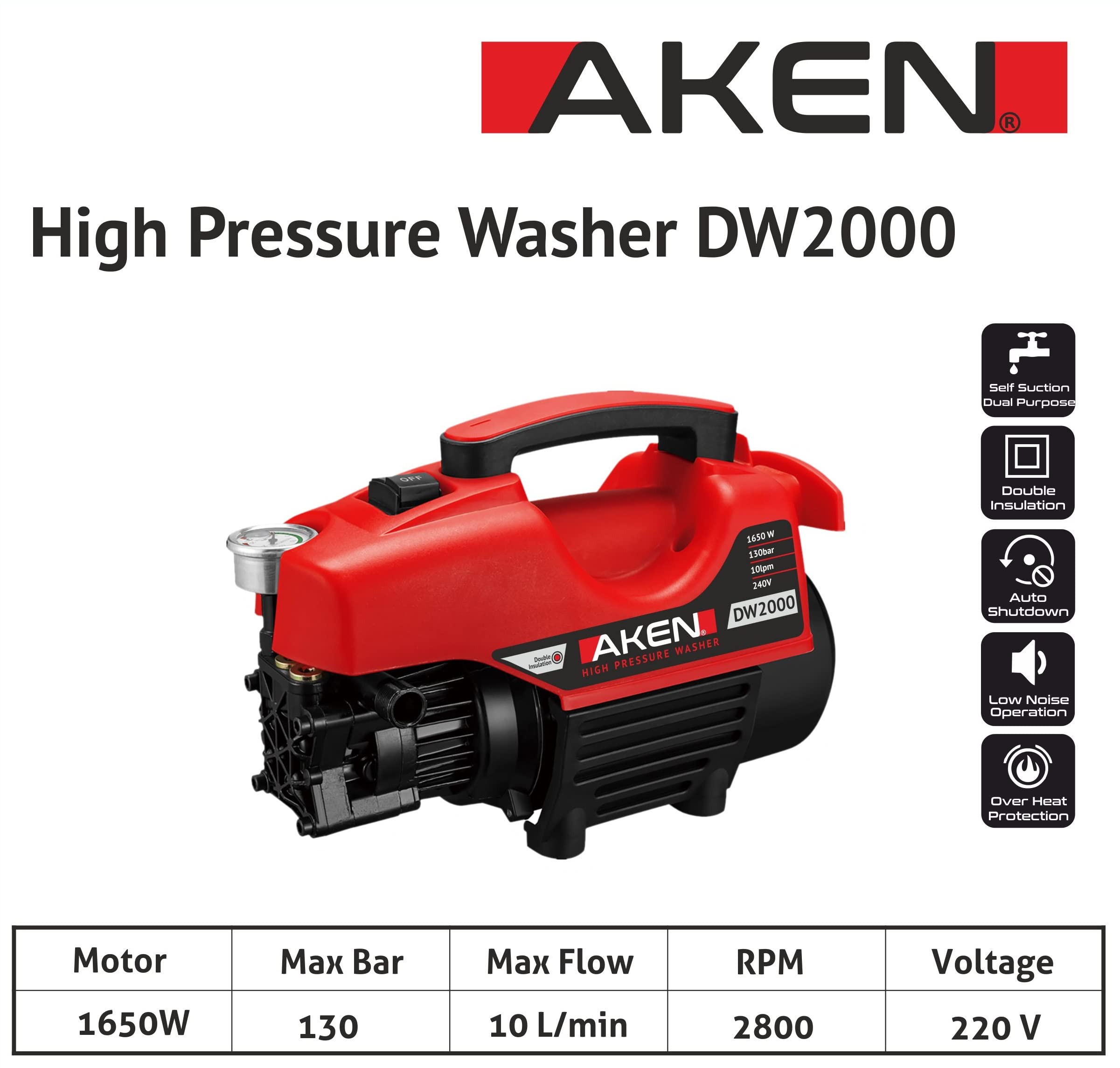 AKEN DW2000 HIGH Pressure Washer Induction Motor 1650W - with Foam